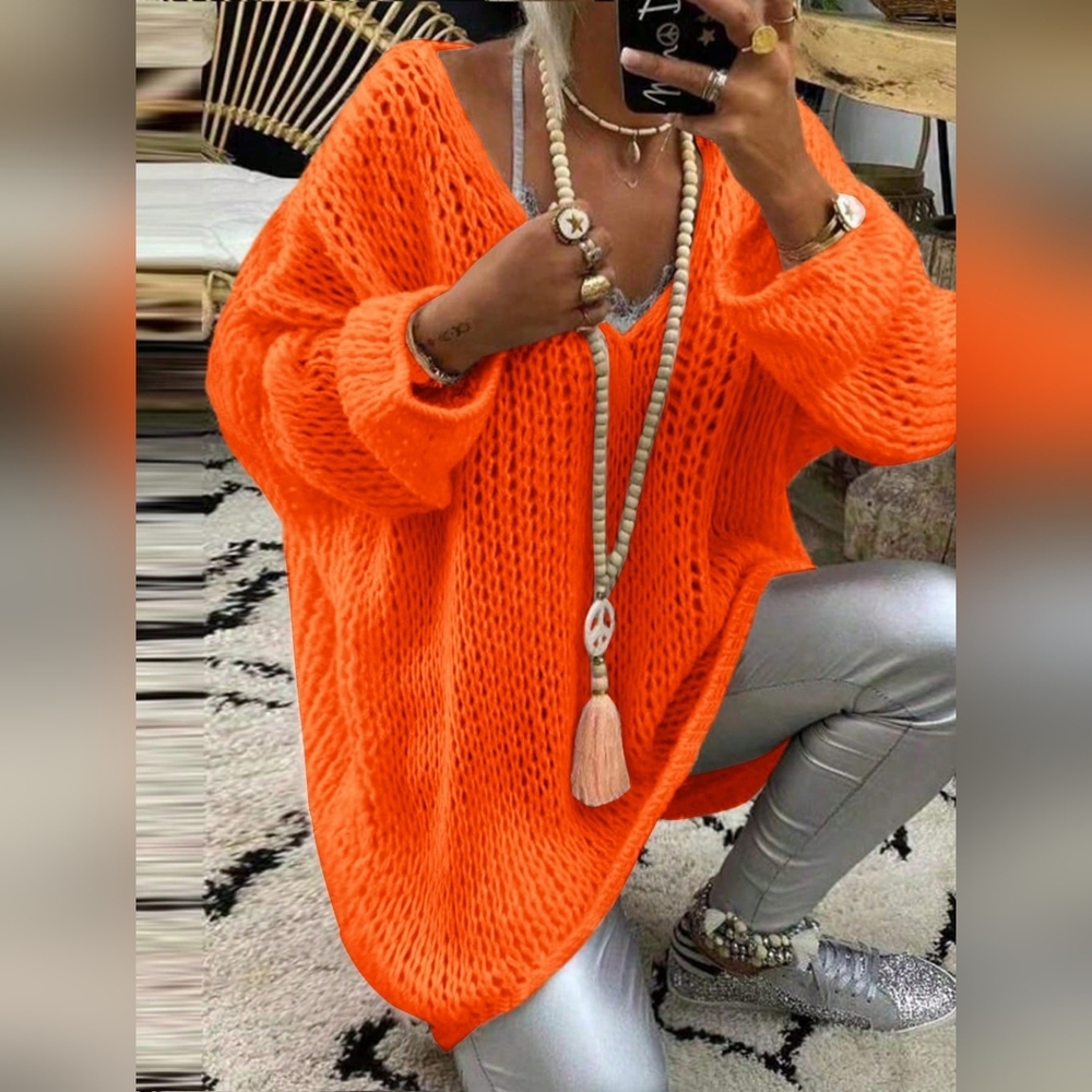 Women's V-Neck Loose Knitted Sweater - Picture 2 of 4